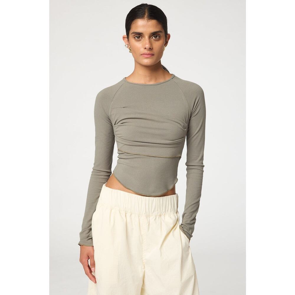 The Line By K Cathal Top - XS Charcoal Grey Long Sleeve Stretch Ribbed Tee